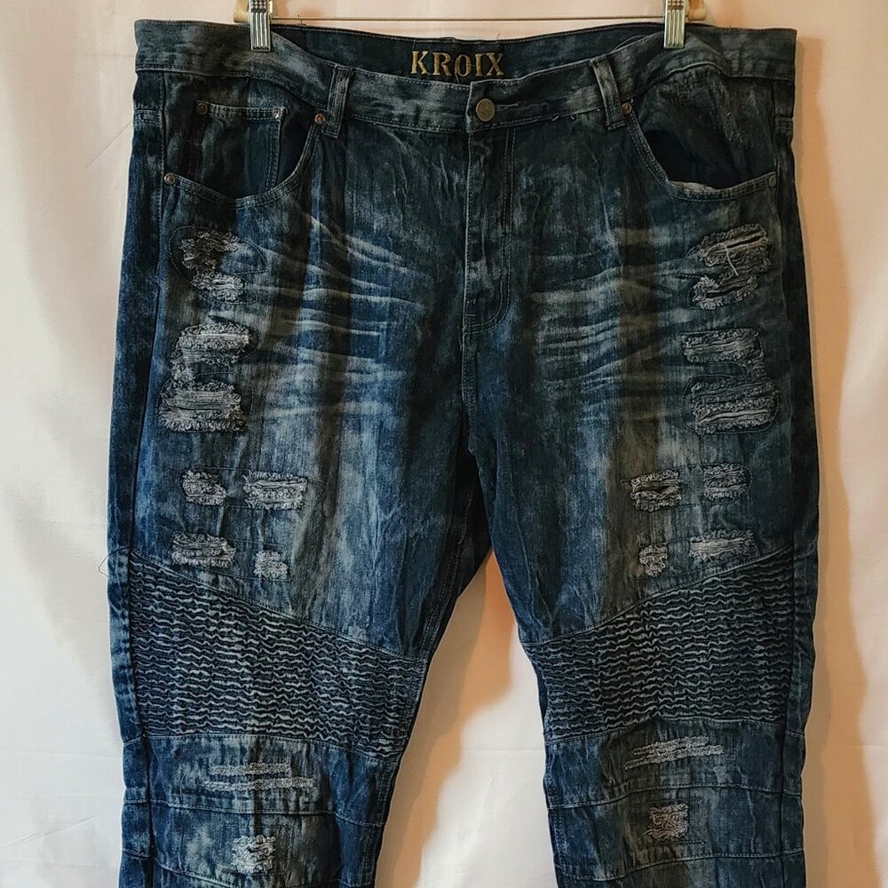 KROIX Jeans Men's Size 46 x 33 Blue Denim Ribbed Ripped Patches Cotton Blend